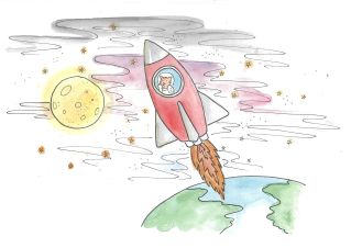 Watercolor of a cat in a rocket ship flying to the moon, Earth below